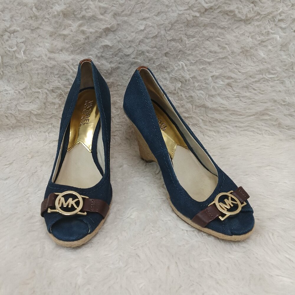 Michael Kors Women's Blue Gold MK Espadrille Wedge Peep Toe Sandals  6 1/2M